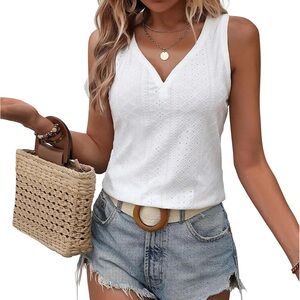 Sleeveless Eyelet V-Neck Tank Top - White